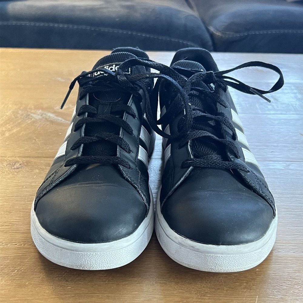 Adidas Black White 3 Stripe Sneakers Youth Kids 4Y Casual Shoes Low Top - Picture 3 of 9